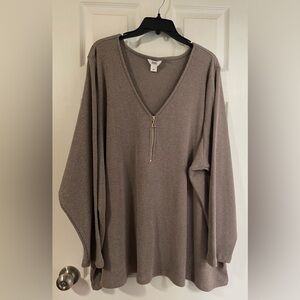Penningtons Taupe V-Neck Top with Gold Zipper Size 5X